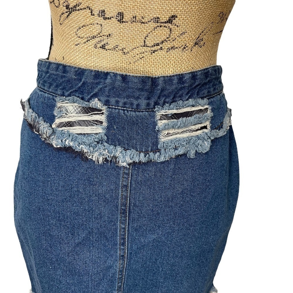POL Boutique Distressed Plaid Patched Frayed Hem Denim Mini Skirt - Picture 9 of 13